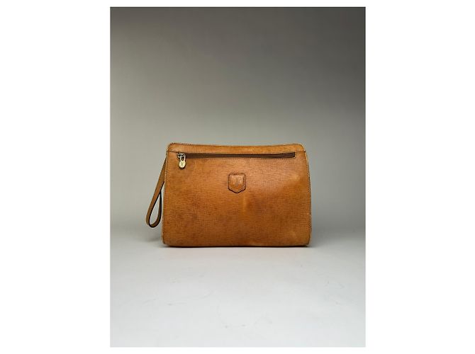 Triomphe Céline Clutch Vintage Celine in pelle martellata c. 1990 Tan Gold Cammello - vista 13