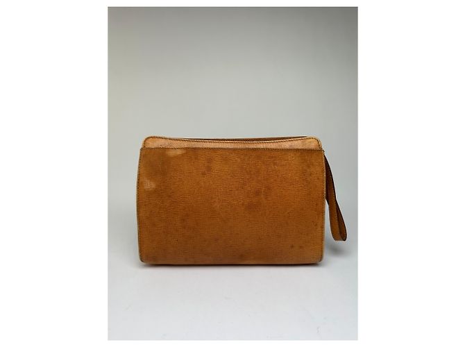 Triomphe Céline Clutch Vintage Celine in pelle martellata c. 1990 Tan Gold Cammello - vista 2