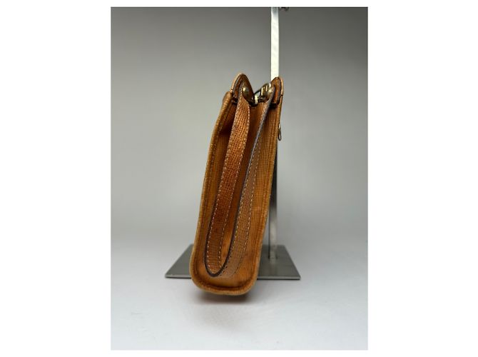 Triomphe Céline Clutch Vintage Celine in pelle martellata c. 1990 Tan Gold Cammello - vista 4