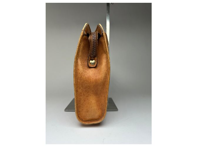 Triomphe Céline Clutch Vintage Celine in pelle martellata c. 1990 Tan Gold Cammello - vista 6