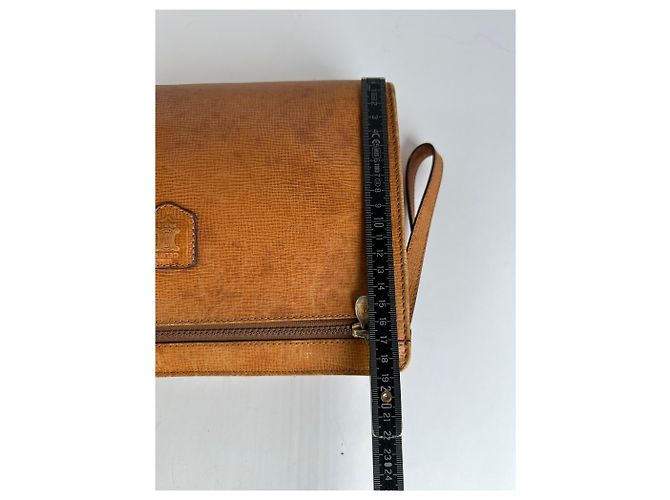 Triomphe Céline Clutch Vintage Celine in pelle martellata c. 1990 Tan Gold Cammello - vista 9