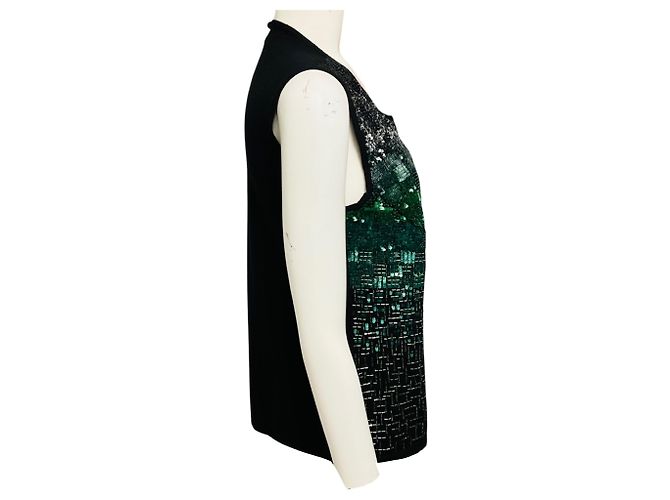Oscar de la Renta Ärmelloser Strickpullover mit Pailletten in Schwarz / Grün / Silber Metallic - Ansicht 2