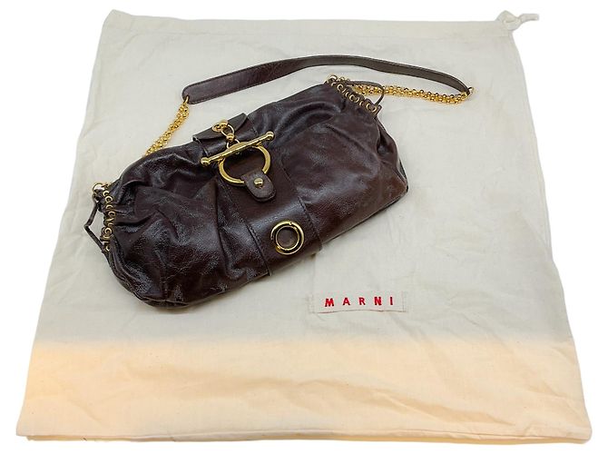 Bolsa de ombro Marni em couro marrom com ferragens douradas - vista 10