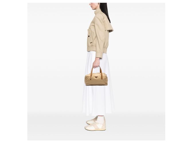 Borsa Boston Prada in Tessuto con rifiniture in Saffiano Beige - vista 6
