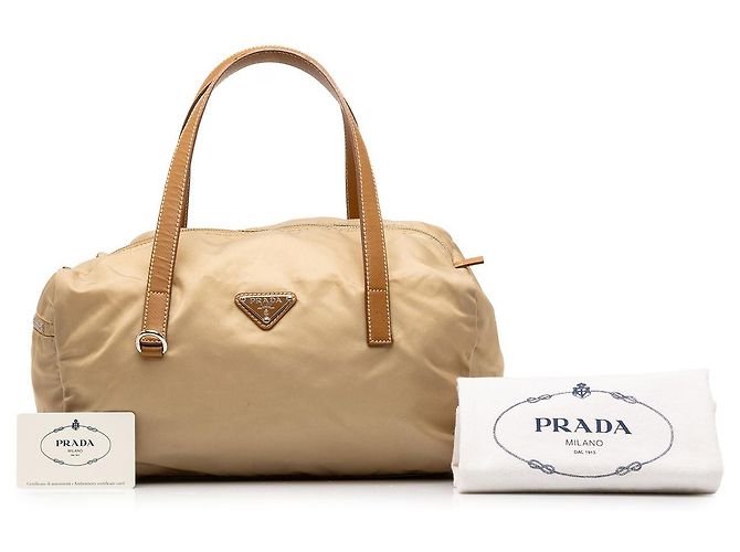 Borsa Boston Prada in Tessuto con rifiniture in Saffiano Beige - vista 7
