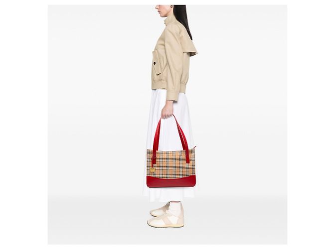 Borsa Tote Burberry Haymarket Check Canvas Beige - vista 6