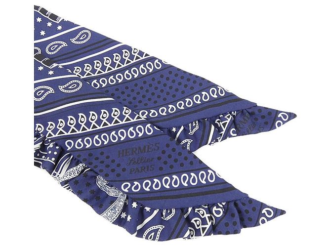 Hermès Hermes Eperon D'Or Bandana Twilly Sciarpa a Volant Muffler Nero Bianco Blu - vista 2