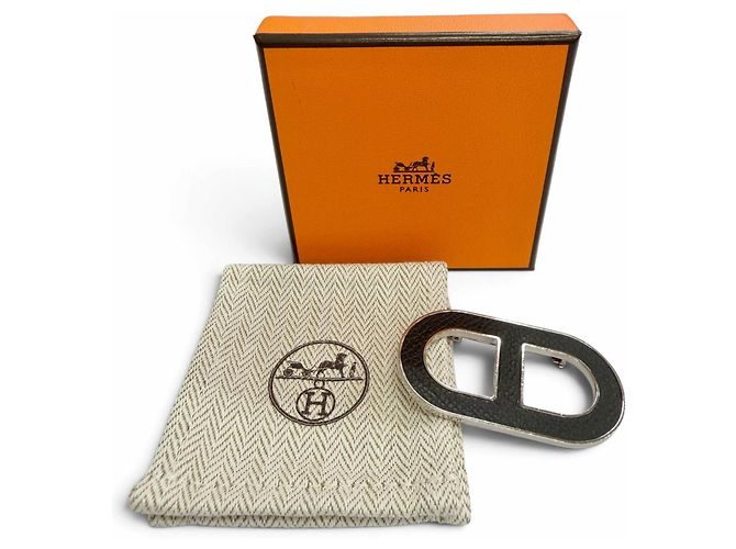 Hermès Broche de cuero Hermes Chaine d'Ancre Negro Plata - vista 2