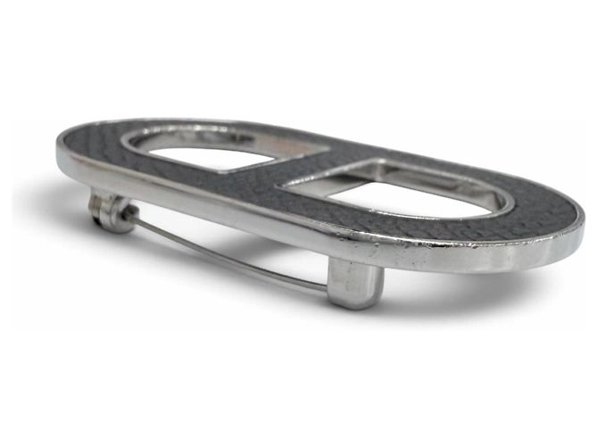 Hermès Broche de cuero Hermes Chaine d'Ancre Negro Plata - vista 4