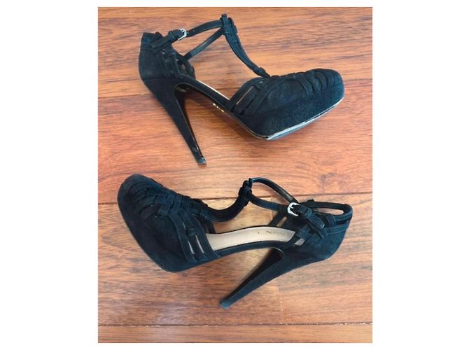 Prada Black Suede Platform T-Strap Heels - view 2