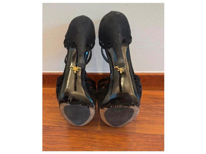 Prada Black Suede Platform T-Strap Heels - view 4