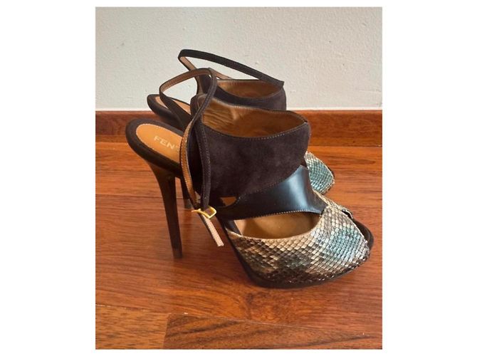Fendi Python and Suede Platform Sandals Brown Python print - view 2