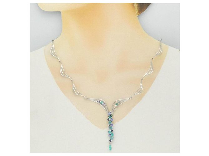 Autre Marque Kaoruko Mizuno Platin-Halskette mit Farbedelstein Mehrfarben - Ansicht 6