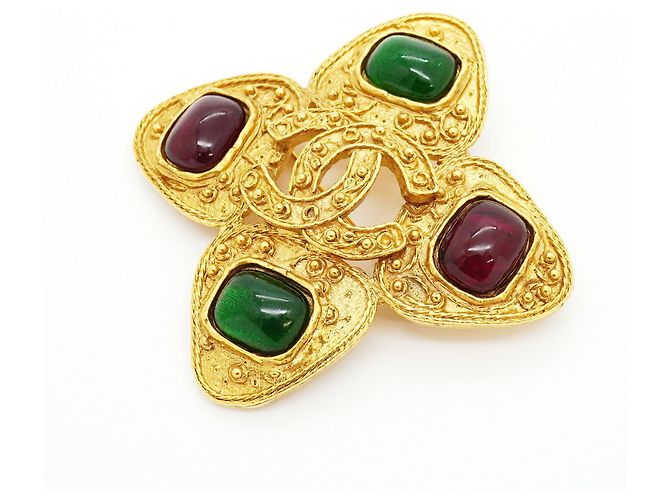 Broche Chanel em ouro e Gripoix Vermelho Dourado Verde - vista 2