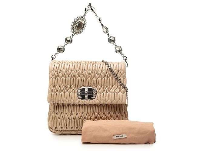 Borsa Satchel Miu Miu in Nappa Matelassé Beige con Catena di Cristalli - vista 7