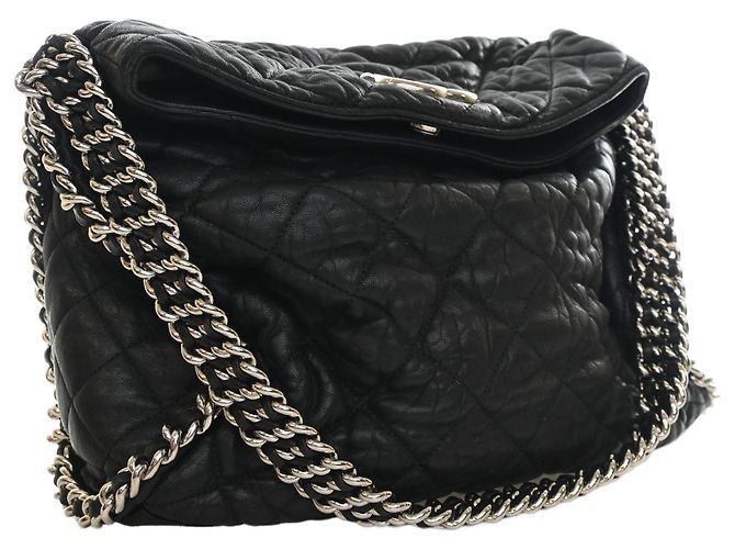 Chanel Bolsa Hobo em pele de cordeiro matelassada preta lavada com corrente Preto - vista 8