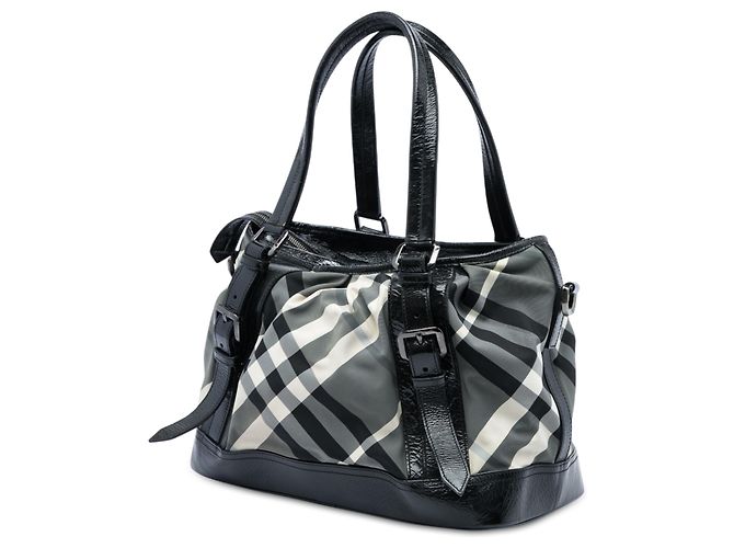 Burberry Lowry Satchel aus Beat Check Nylon in Grau, Medium Braun - Ansicht 2