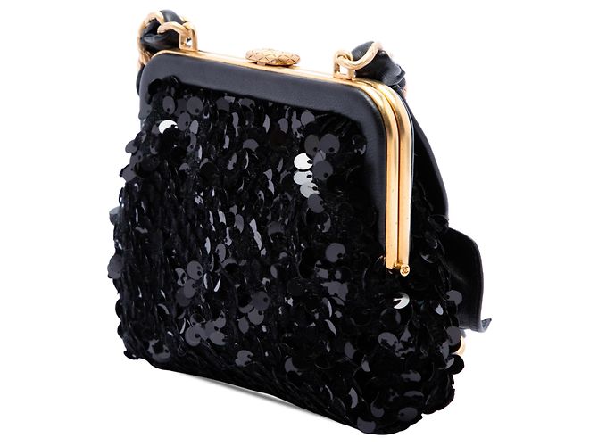 Clutch Chanel in tweed nero e pelle d'agnello con fiocco di paillettes e catena - vista 2