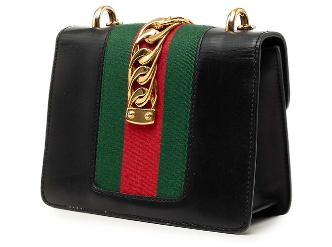 Borsa Satchel Gucci Mini in Vitello Nero con Catena Web Sylvie - vista 2