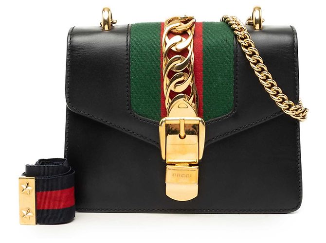 Borsa Satchel Gucci Mini in Vitello Nero con Catena Web Sylvie - vista 6