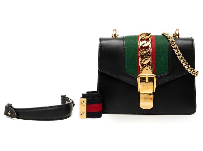 Borsa Satchel Gucci Mini in Vitello Nero con Catena Web Sylvie - vista 8