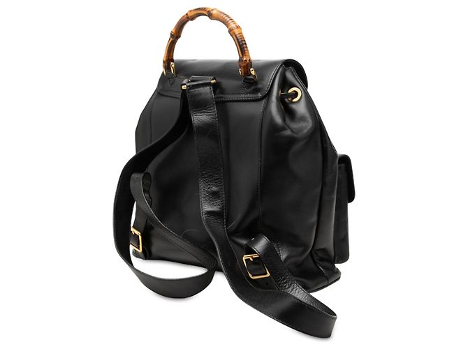 Bamboo Mochila Gucci Large em pele de vitelo preta com cordão e bambu Preto - vista 2