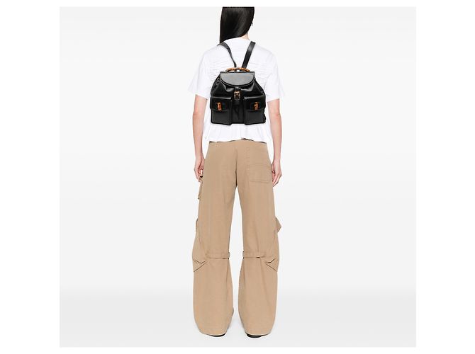 Bamboo Mochila Gucci Large em pele de vitelo preta com cordão e bambu Preto - vista 6