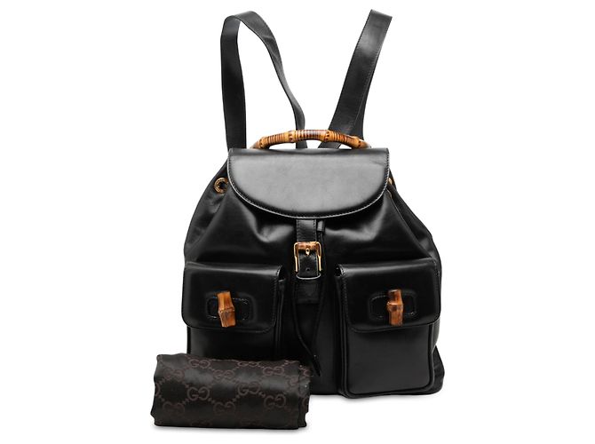 Bamboo Mochila Gucci Large em pele de vitelo preta com cordão e bambu Preto - vista 7