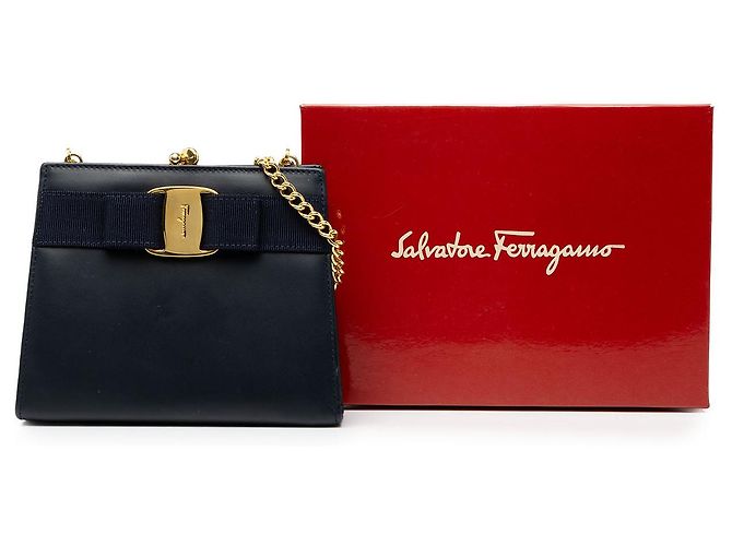 Salvatore Ferragamo Borsa a tracolla Ferragamo in pelle blu Vara Bow Kiss Lock con catena Blu navy - vista 7