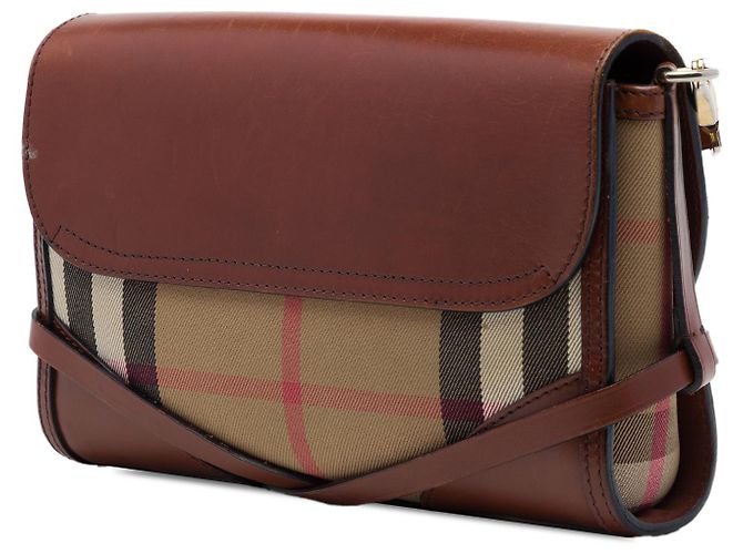 Borsa a tracolla Burberry Bridle Abbott in pelle marrone e tela House Check - vista 2