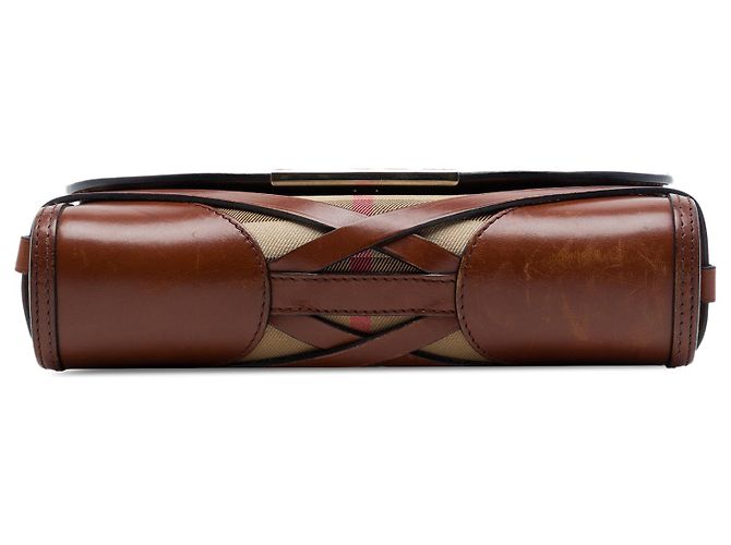 Borsa a tracolla Burberry Bridle Abbott in pelle marrone e tela House Check - vista 3