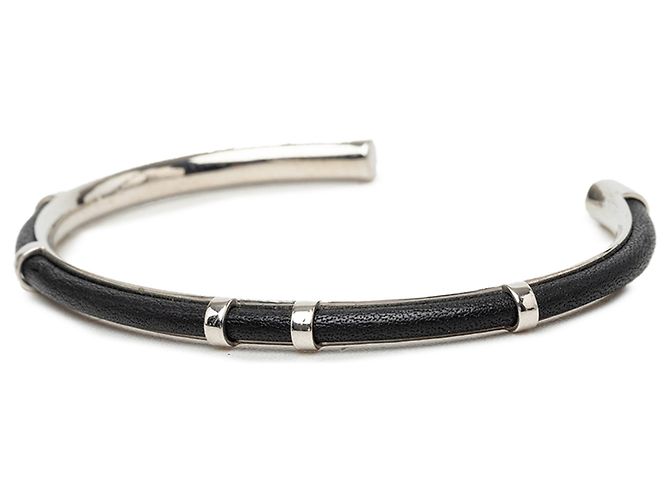 Autre Marque Dior Silver Brass and Leather Open Cuff Bangle Silvery - view 2
