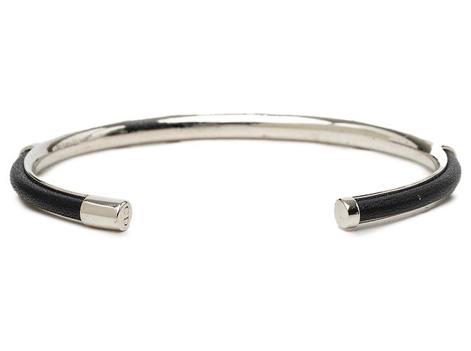 Autre Marque Dior Silver Brass and Leather Open Cuff Bangle Silvery - view 3
