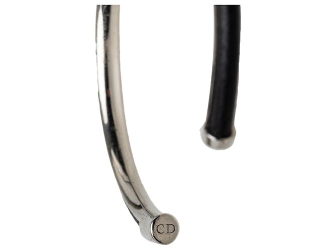 Autre Marque Dior Silver Brass and Leather Open Cuff Bangle Silvery - view 4