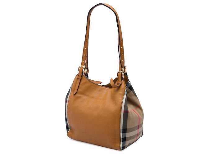 mala Burberry Canterbury Small em couro de bezerro castanho e lona House Check Marrom Caramelo - vista 2