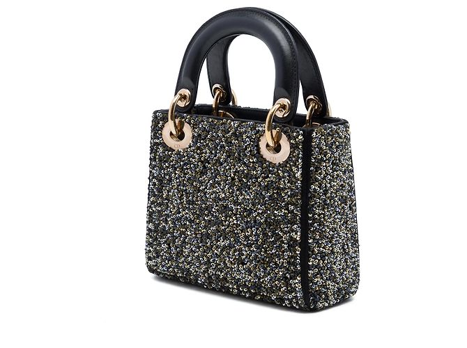 Autre Marque Mini Lady Dior in raso nero con paillettes Dior - vista 2