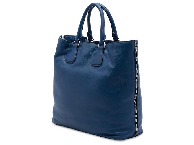 Sac cabas convertible ouvert Prada Blue Vitello Daino avec fermeture éclair latérale Bleu Bleu foncé - vue 2