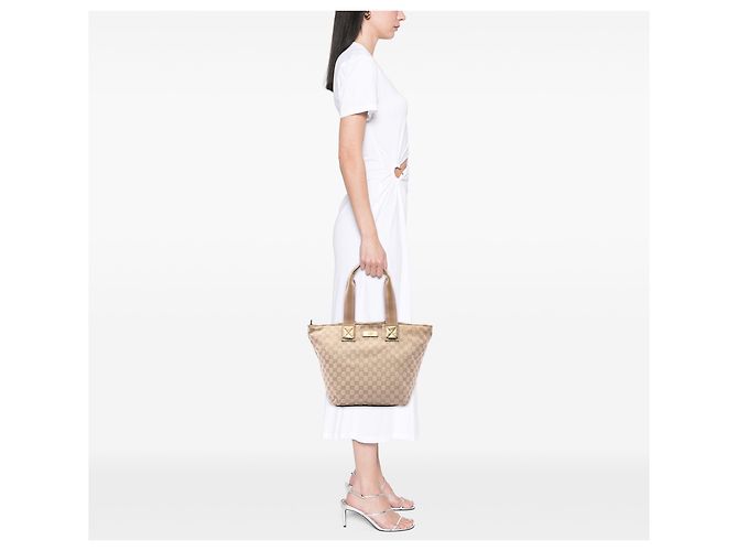 Tote Gucci in tela GG beige con banda Web - vista 6