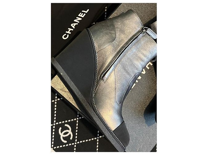 Chanel Silver Metallic Leather Wedge Ankle Boots Black Silver hardware - view 10
