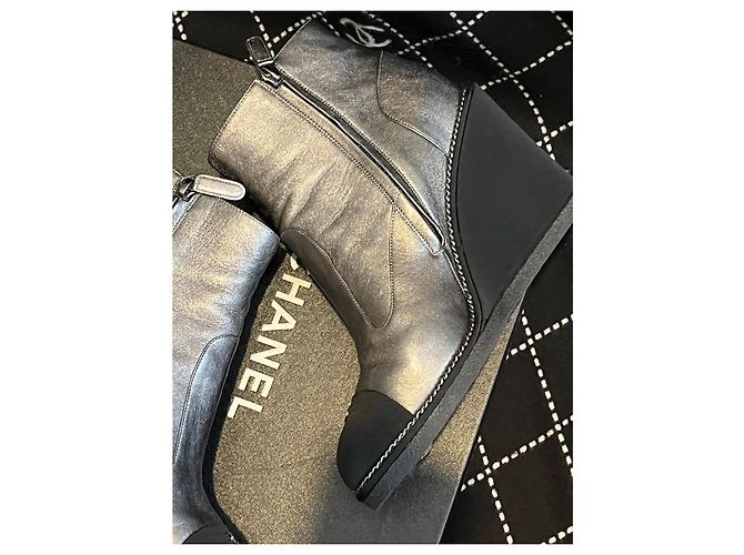 Chanel Silver Metallic Leather Wedge Ankle Boots Black Silver hardware - view 11