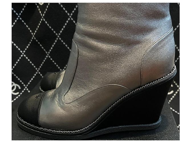 Chanel Silver Metallic Leather Wedge Ankle Boots Black Silver hardware - view 12