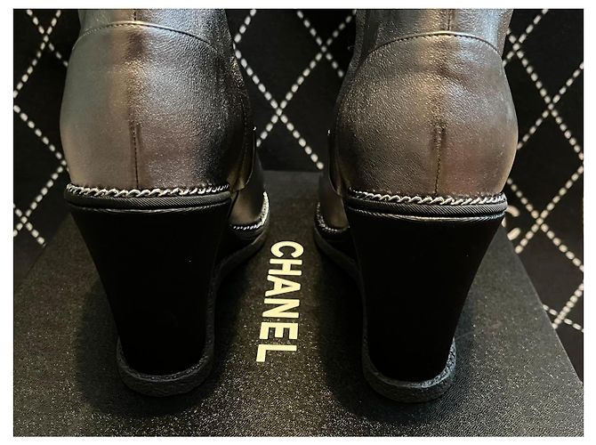 Chanel Silver Metallic Leather Wedge Ankle Boots Black Silver hardware - view 13