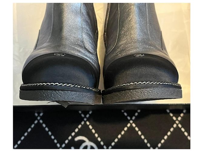 Chanel Silver Metallic Leather Wedge Ankle Boots Black Silver hardware - view 14
