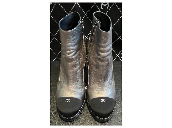 Chanel Silver Metallic Leather Wedge Ankle Boots Black Silver hardware - view 2
