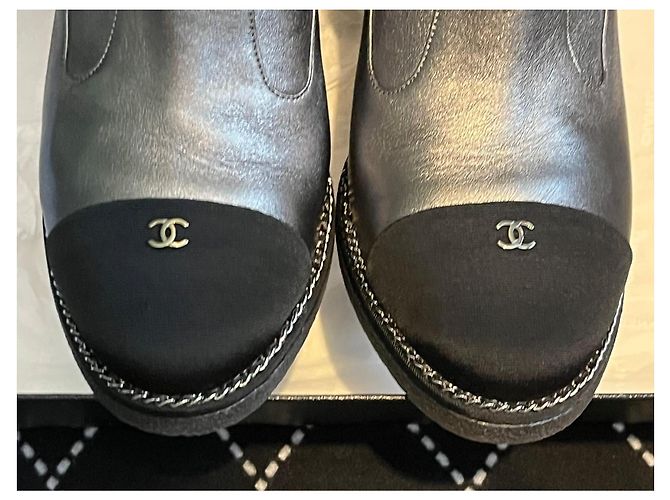 Chanel Silver Metallic Leather Wedge Ankle Boots Black Silver hardware - view 3