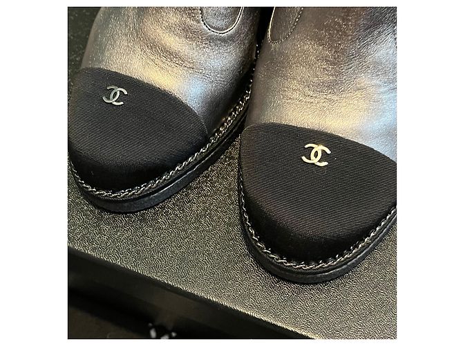 Chanel Silver Metallic Leather Wedge Ankle Boots Black Silver hardware - view 4