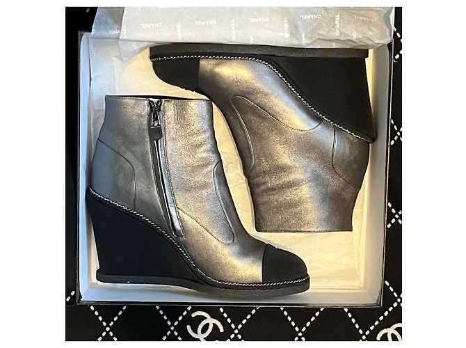 Chanel Silver Metallic Leather Wedge Ankle Boots Black Silver hardware - view 5