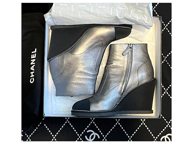 Chanel Silver Metallic Leather Wedge Ankle Boots Black Silver hardware - view 6