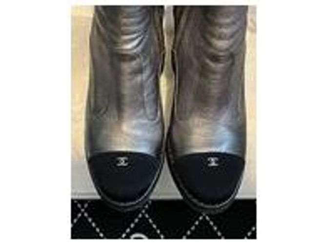Chanel Silver Metallic Leather Wedge Ankle Boots Black Silver hardware - view 7
