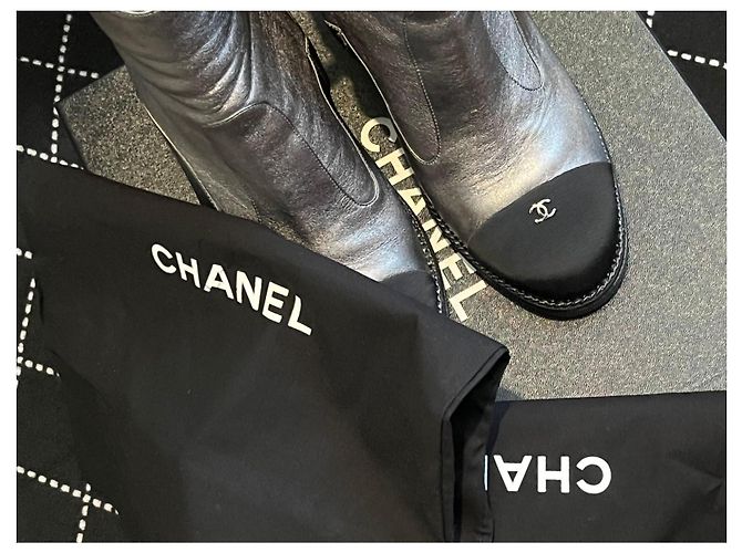Chanel Silver Metallic Leather Wedge Ankle Boots Black Silver hardware - view 8